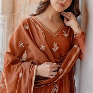 KLOSIA Women Embroidery Solid Anarkali Kurta and Pant Set with Dupatta